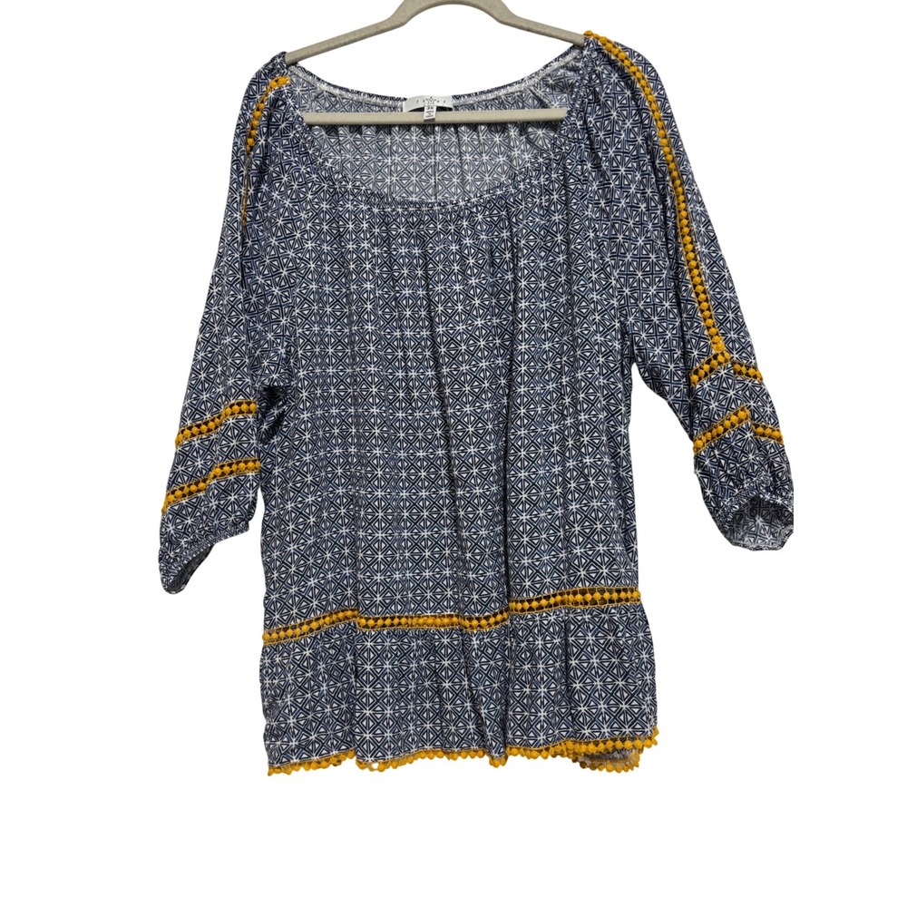 Fever Blue White Geometric crochet Trim Tunic top 3X 3/4 Sleeve Coastal boho